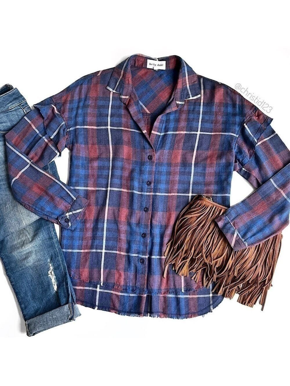 Bella Dahl Frayed Ruffled Plaid Button Down Top